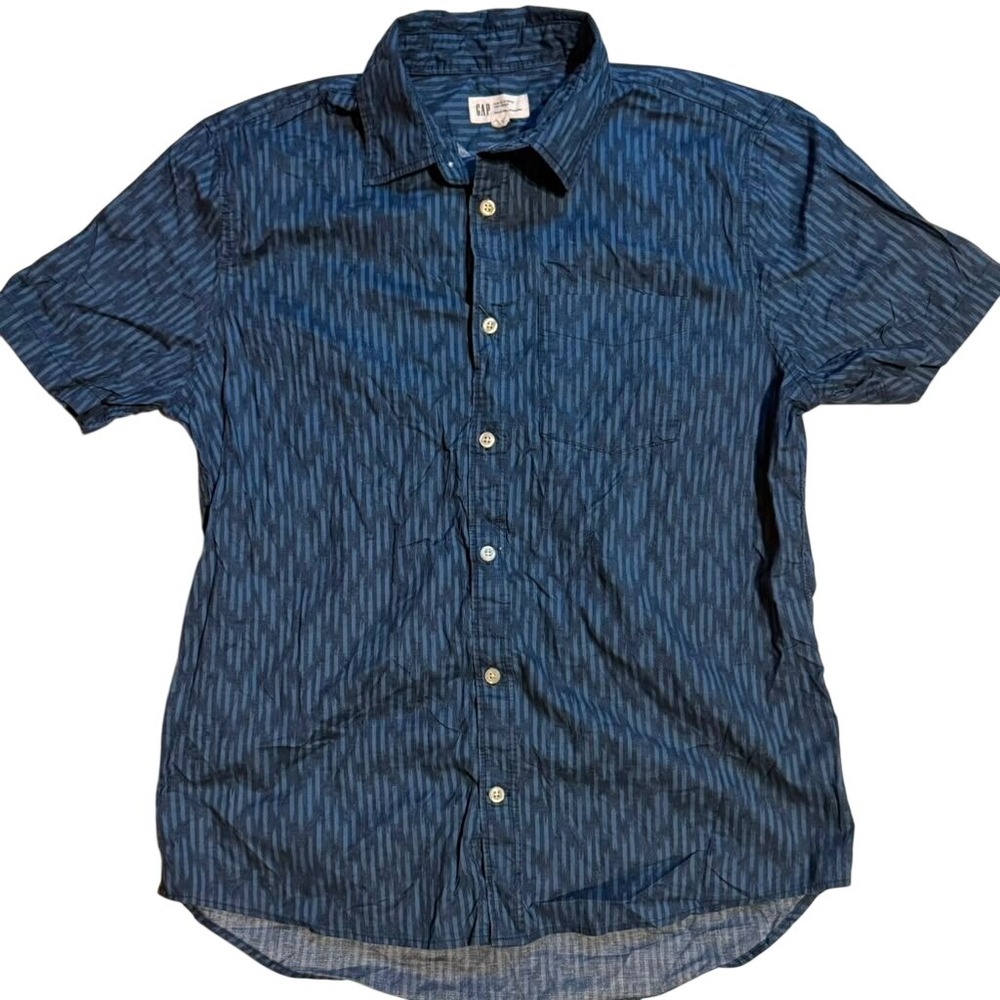 Gap Mens Slim Fit Stretch Soft Poplin Short Sleeve Shirt Blue Ikat Abstract M